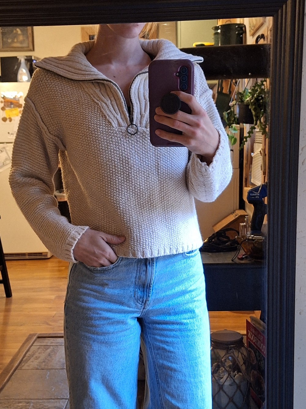 Soft Cream Half-Zip Knit Sweater with Collar Womens Xs